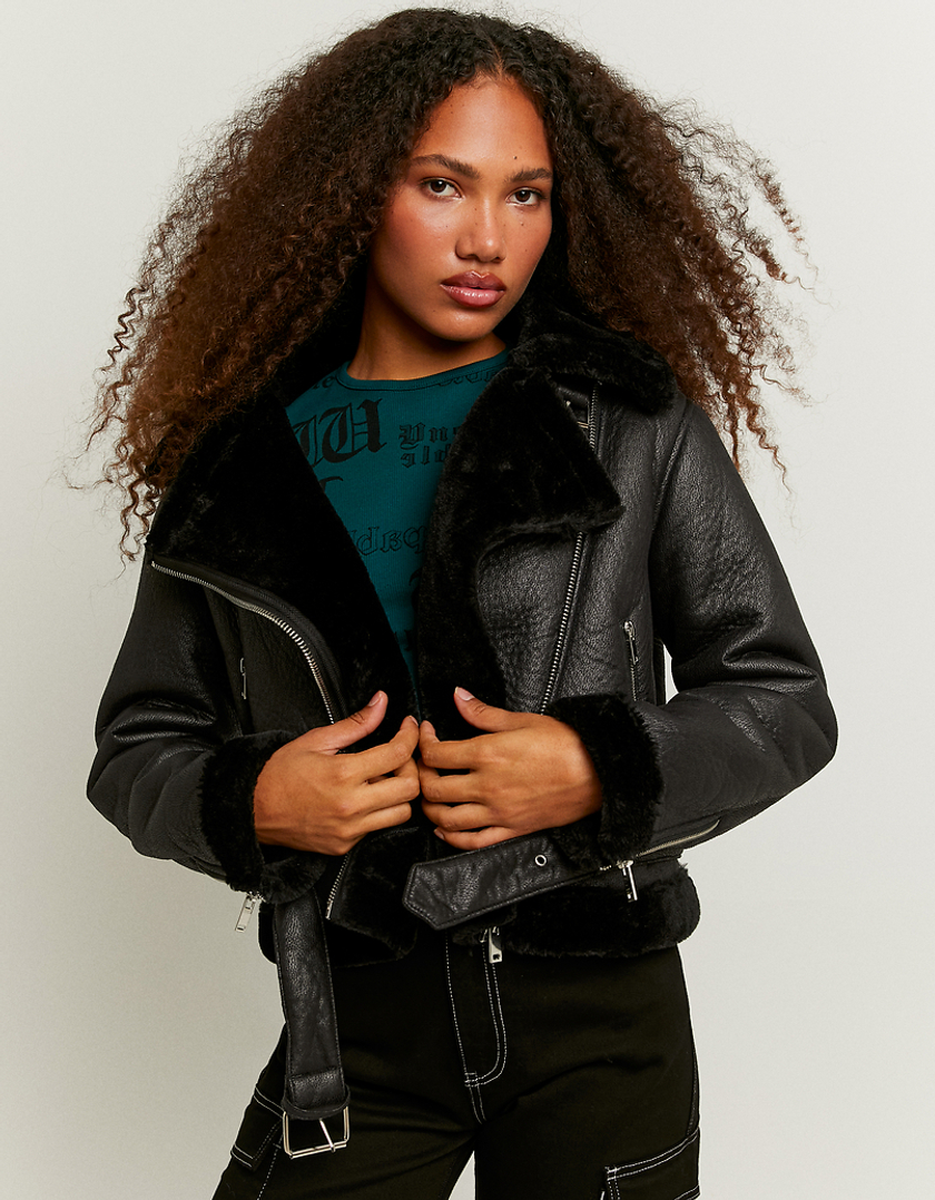 TALLY WEiJL, Black Faux Leather and Fur Jacket for Women