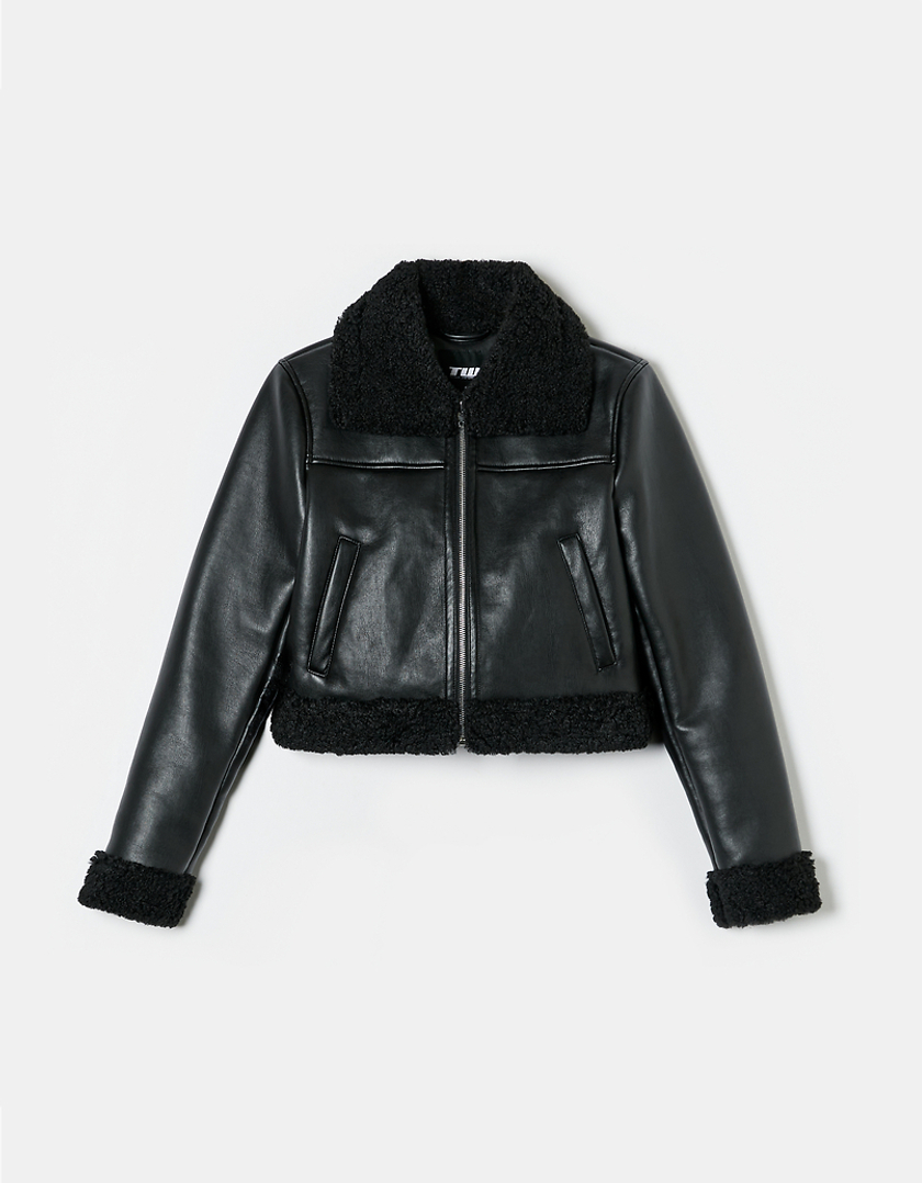 TALLY WEiJL, Black Faux Leather Basic Aviator Jacket for Women