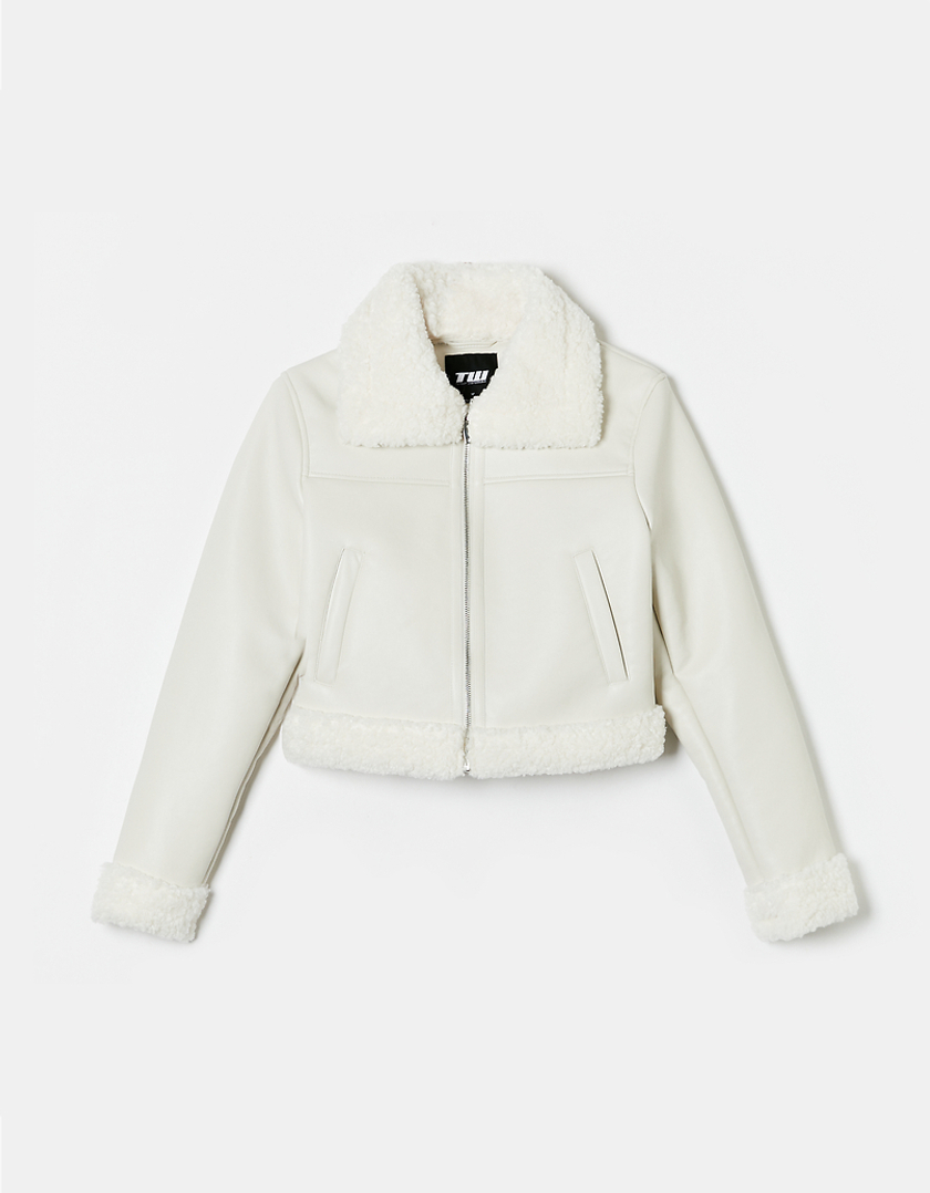 TALLY WEiJL, White Faux Leather Basic Aviator Jacket for Women