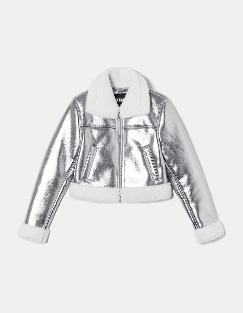 TALLY WEiJL, Silver Faux Leather Aviator Jacket for Women