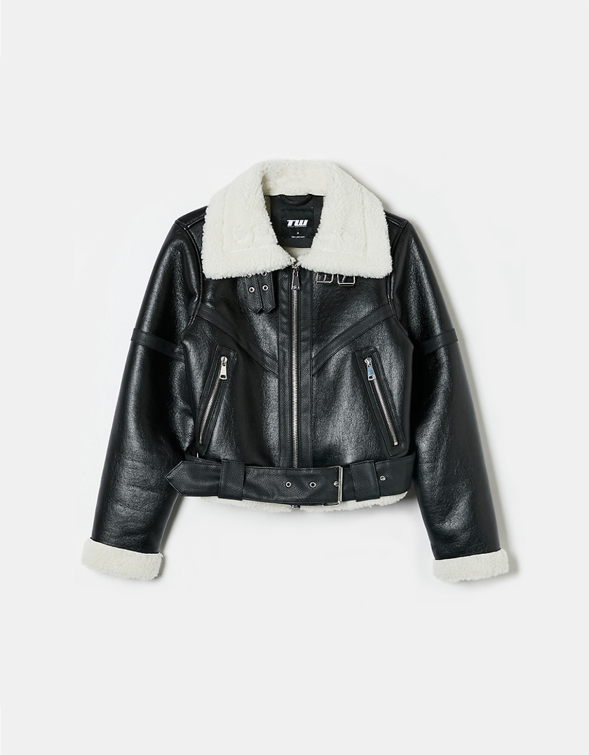 TALLY WEiJL, Black Faux Leather Fancy Aviator Jacket for Women