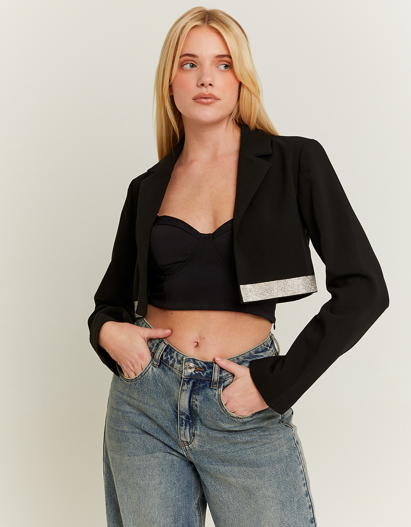 TALLY WEiJL, Black Cropped Blazer with Strass Band for Women