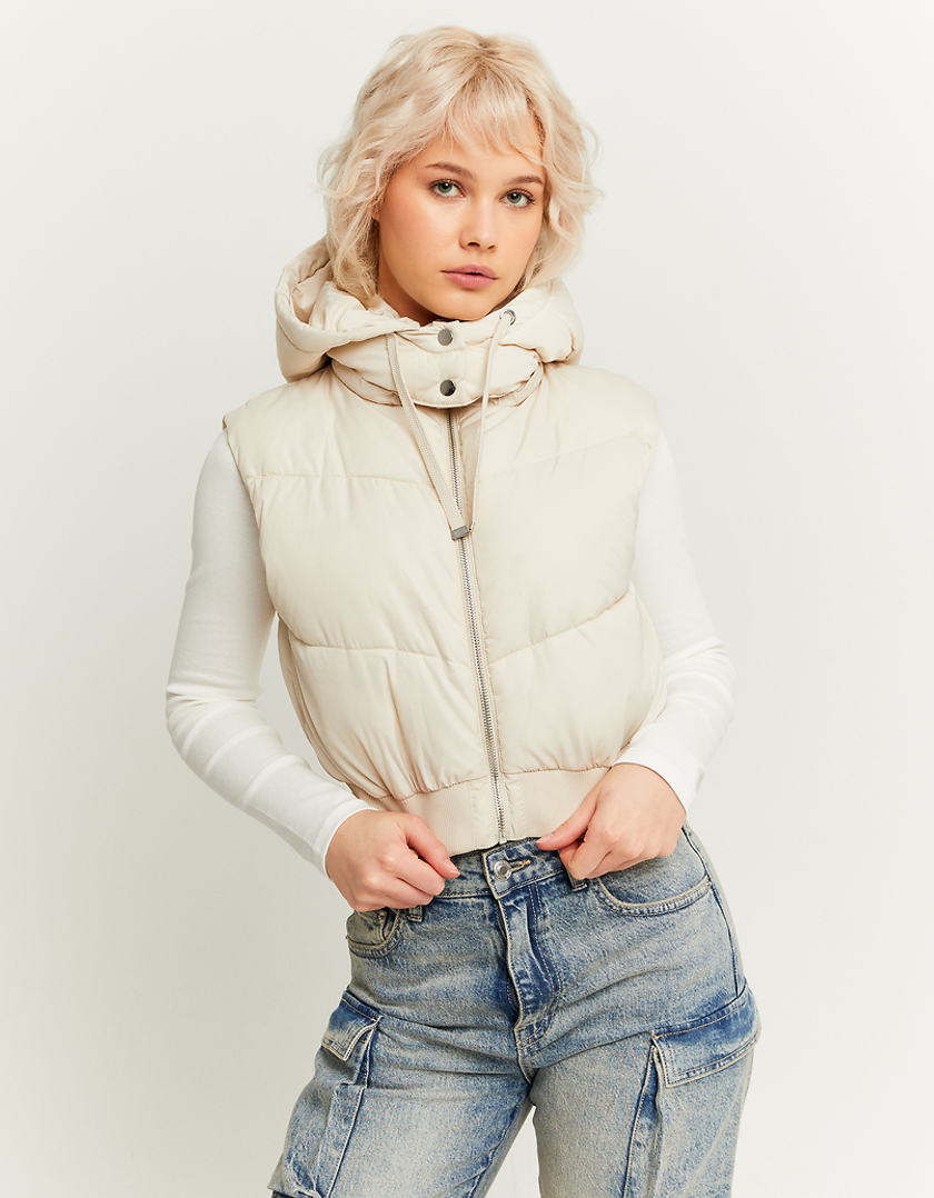 TALLY WEiJL, Beige Cropped Padded Vest with Removable Hood for Women