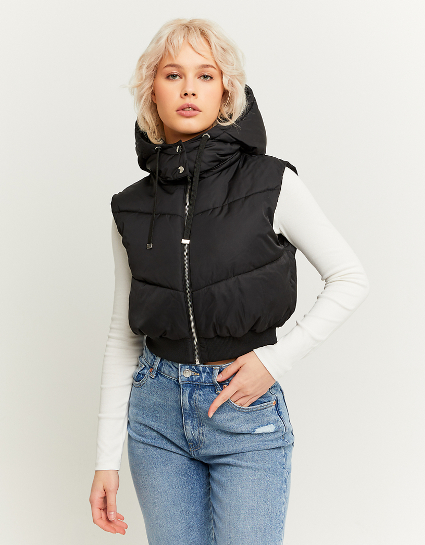 Black Cropped Padded Vest with Removable Hood
