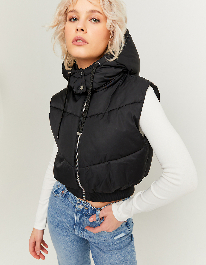 TALLY WEiJL, Black Cropped Padded Vest with Removable Hood for Women