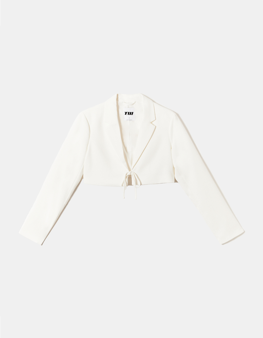 TALLY WEiJL, White Ultra Cropped Blazer with Fancy Bow Detail for Women
