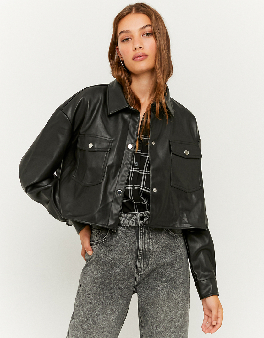 TALLY WEiJL, Black Faux Leather Cropped Jacket for Women
