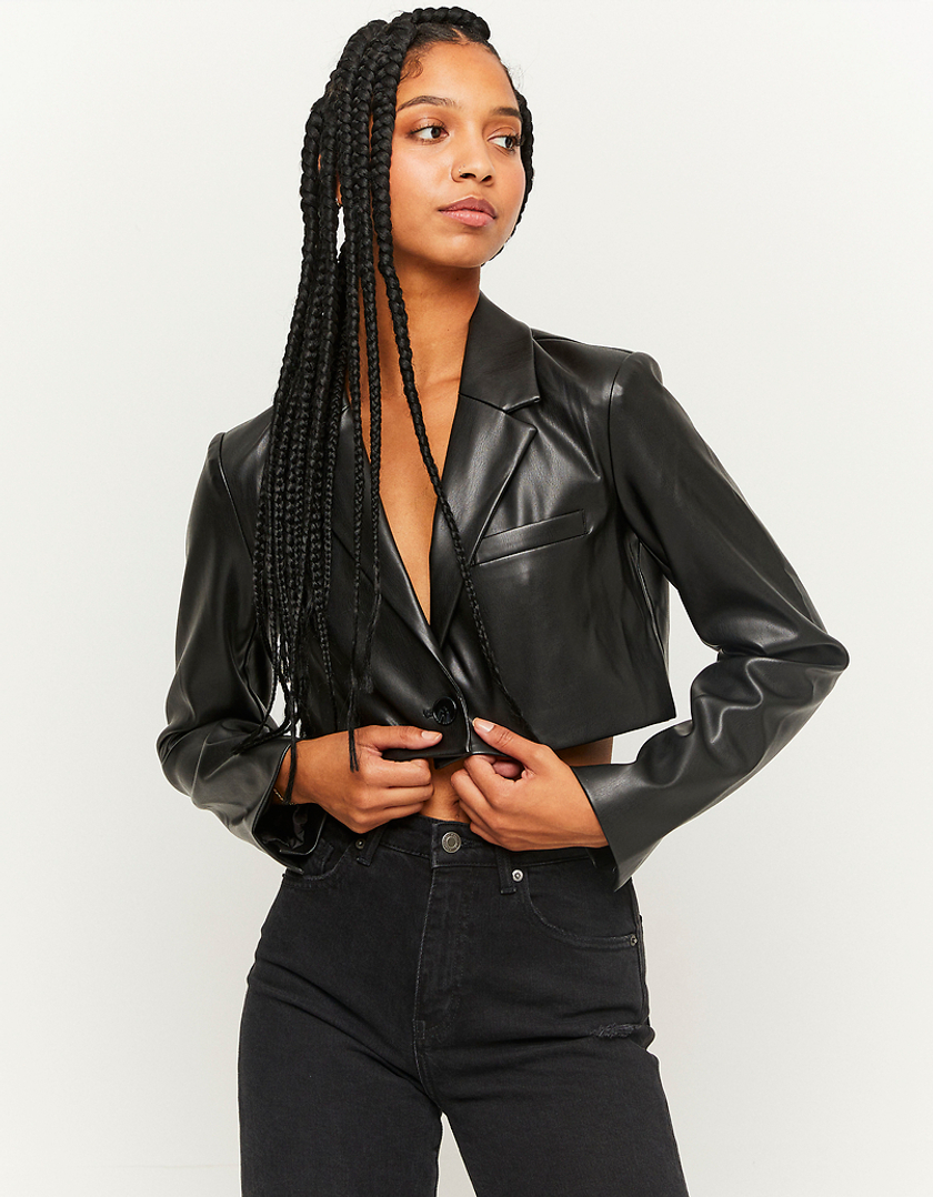 TALLY WEiJL, Σακάκι Cropped Faux Leather Μαύρο for Women