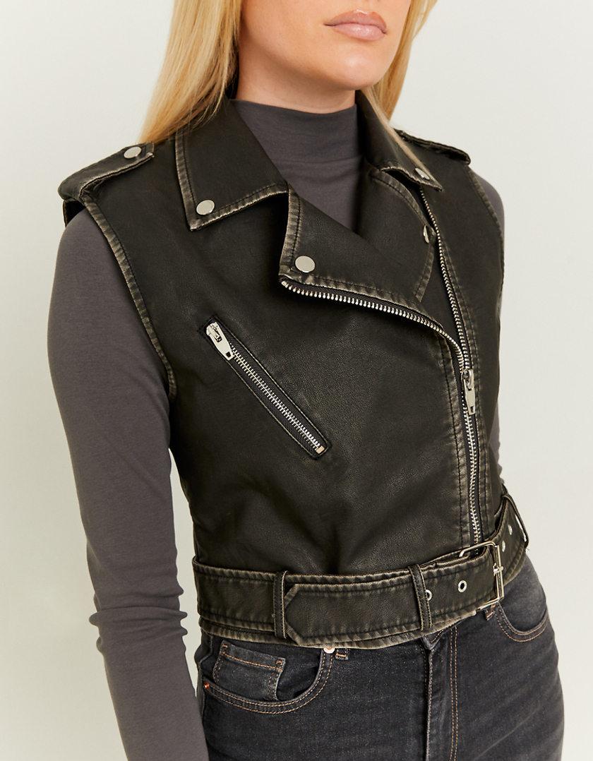 TALLY WEiJL, Black Faux Leather Sleeveless Biker Jacket for Women
