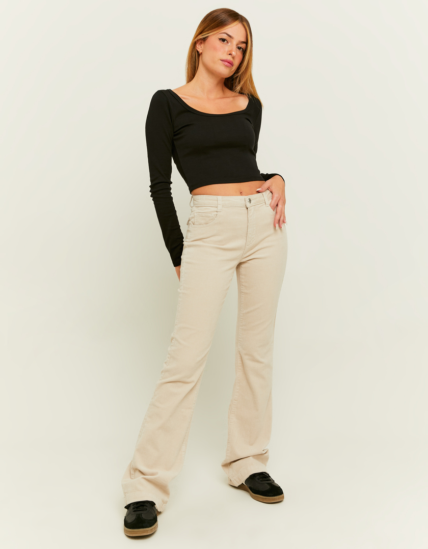 Pantalon Bootcut Beige en Velours Côtelé