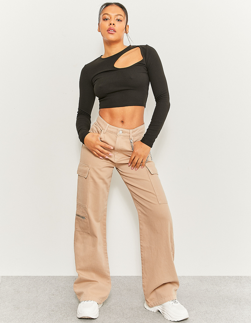 Beige High Waist Cargo Trousers With Chain