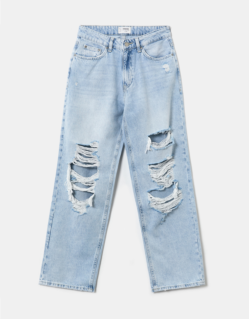 TALLY WEiJL, Jeans Dad Con Strappi A Vita Alta Blu for Women