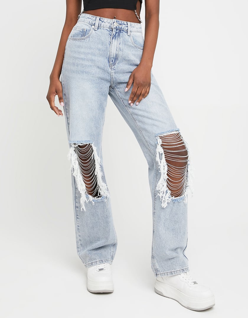 TALLY WEiJL, Destroy Straight Leg Jeans with Chains Embellishment for Women