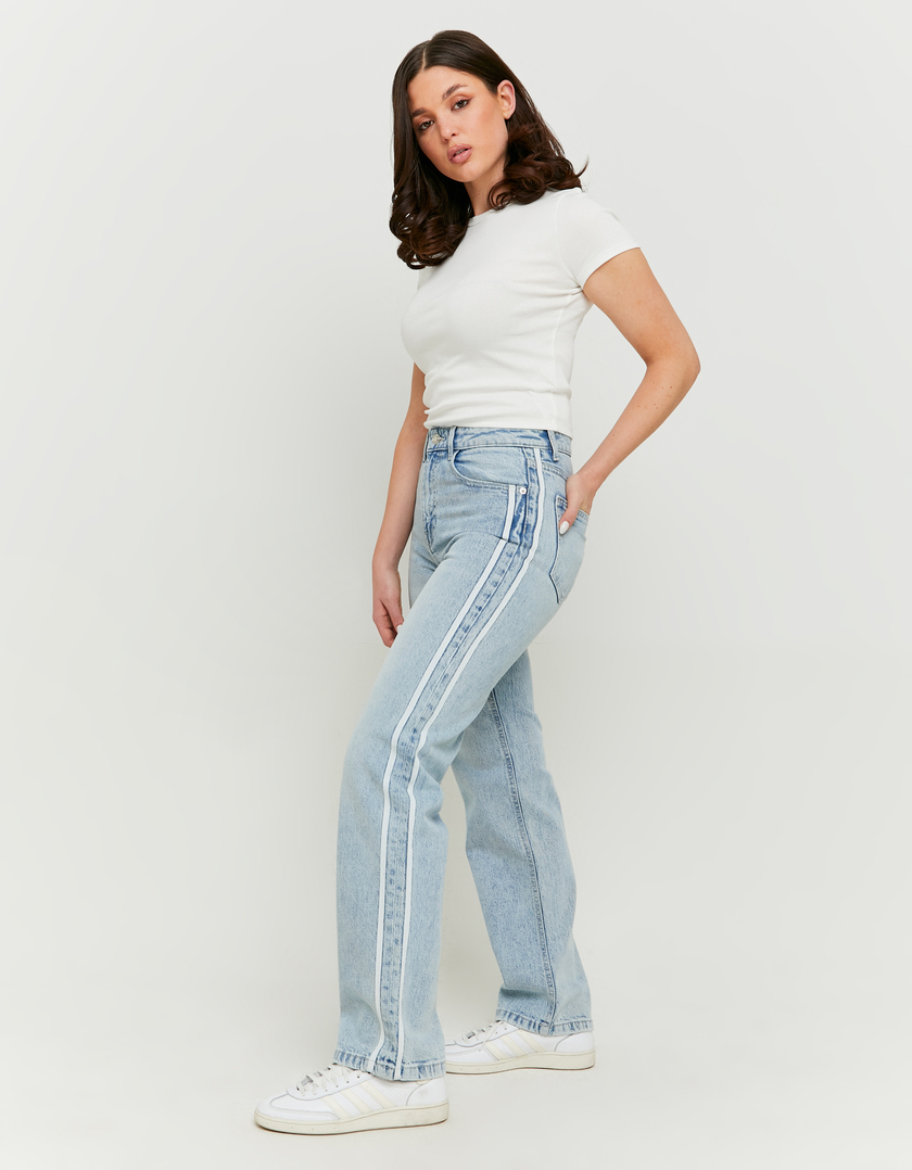 Jean Droit Bleu Clair Taille Haute avec Bandes Latérales