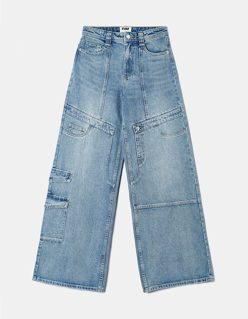 TALLY WEiJL, Jeans Cargo Wide Leg a Vita Alta Blu for Women