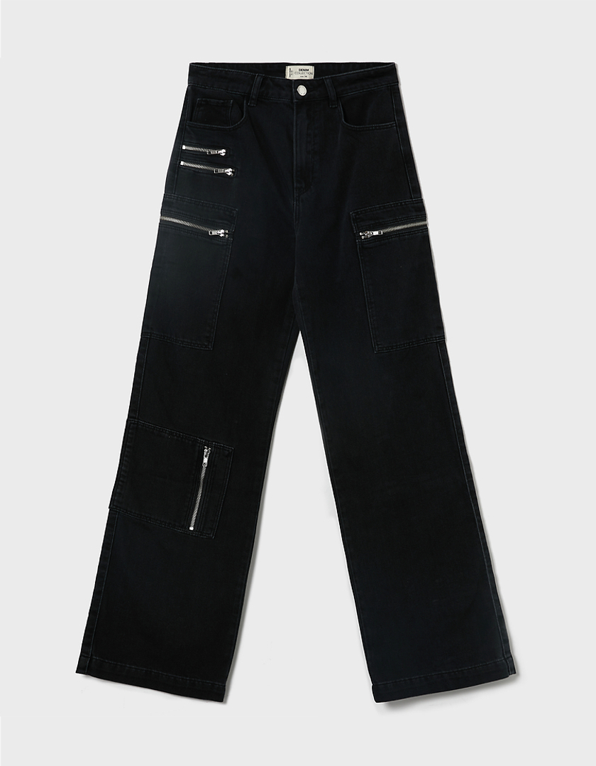 TALLY WEiJL, Czarne jeansy bojówki z wysokim stanem ze zdobieniami for Women