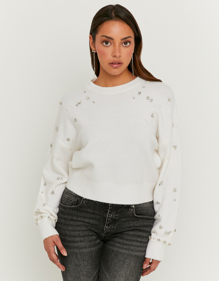Weißer Strickpullover mit Strasssteinen