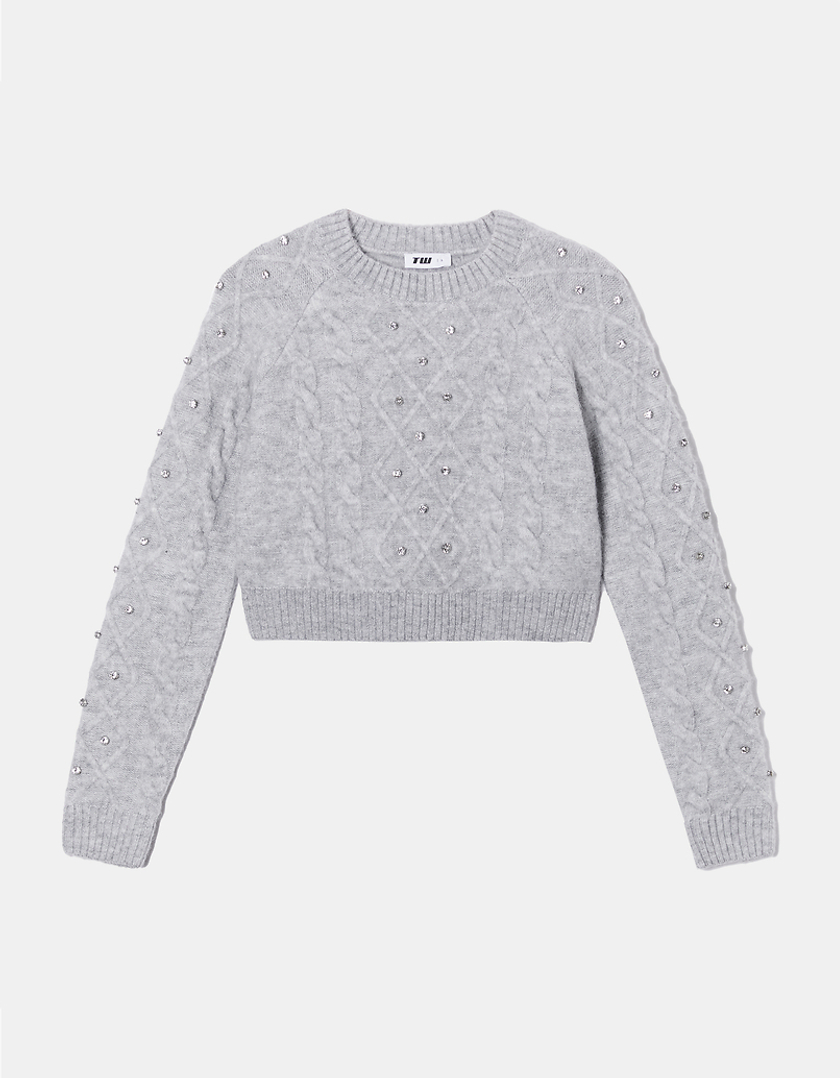 TALLY WEiJL, Grey Cable Knit Jumper with Rhinestone for Women