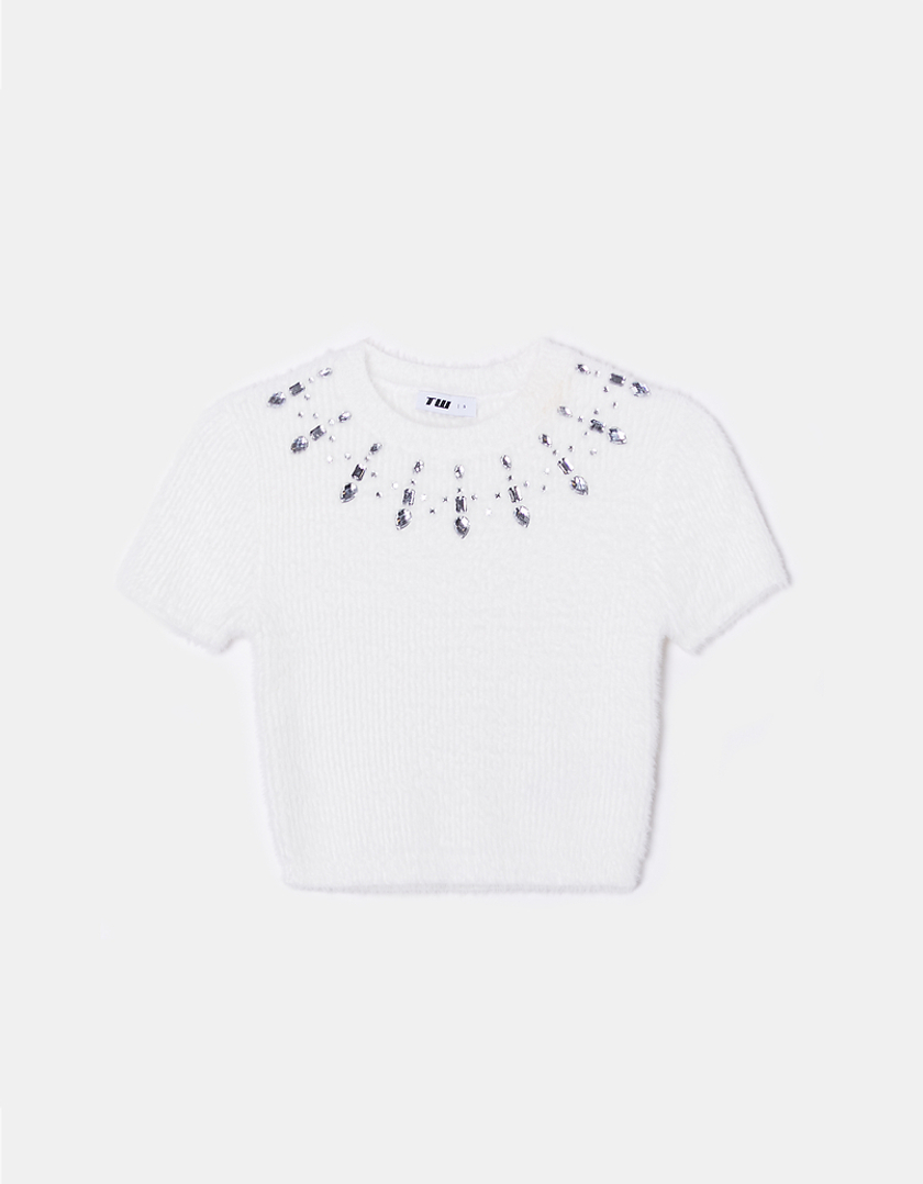 TALLY WEiJL, White Cropped Jumper with Rhinestone for Women