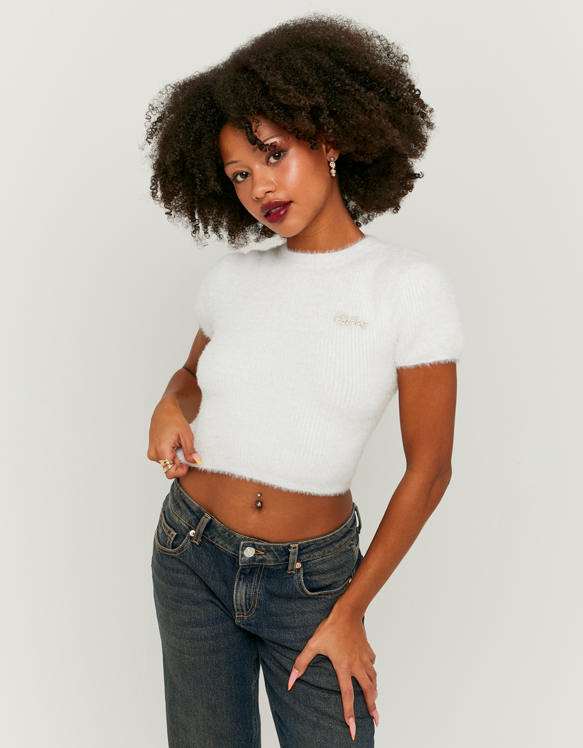 Pull Blanc Duveteux avec Nœuds en Strass