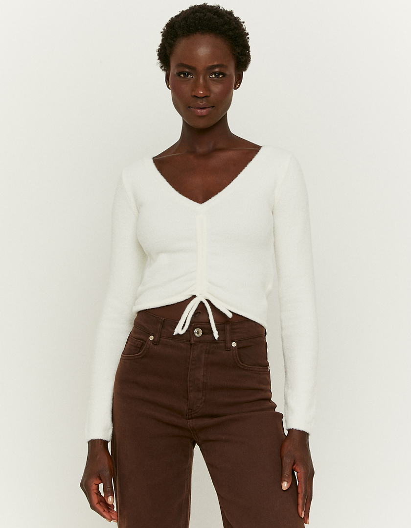 TALLY WEiJL, White Ruched  Cropped  V-Neck  Top for Women