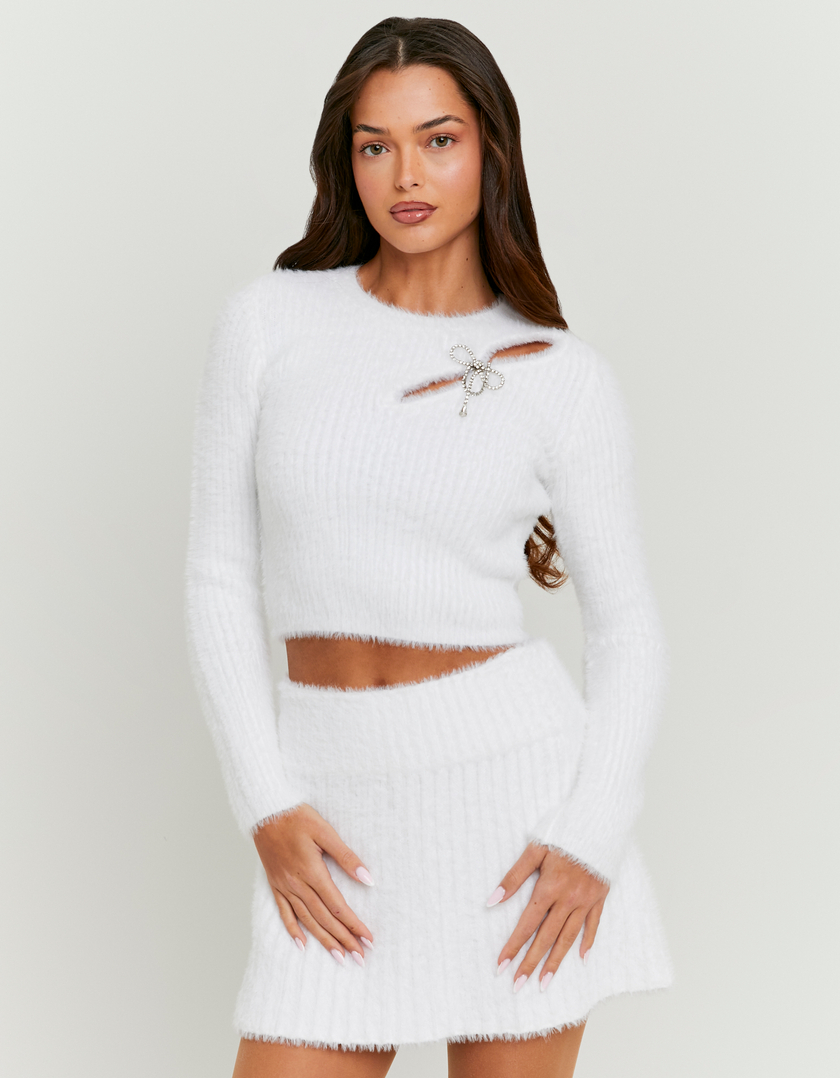White Knit Cut Out Jumper with Rhinestones