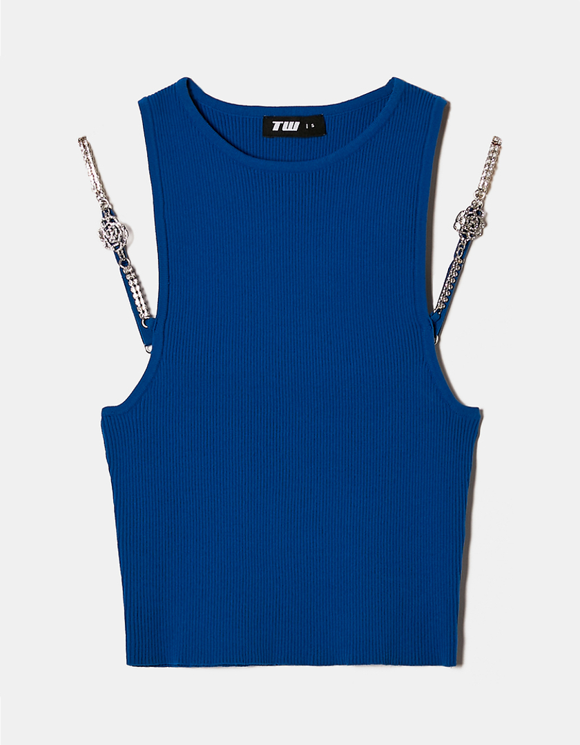 TALLY WEiJL, Blue Knitted Top with Strass Detail on Straps for Women