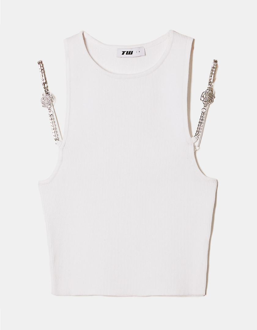 TALLY WEiJL, White Knitted Top with Strass Detail on Straps for Women