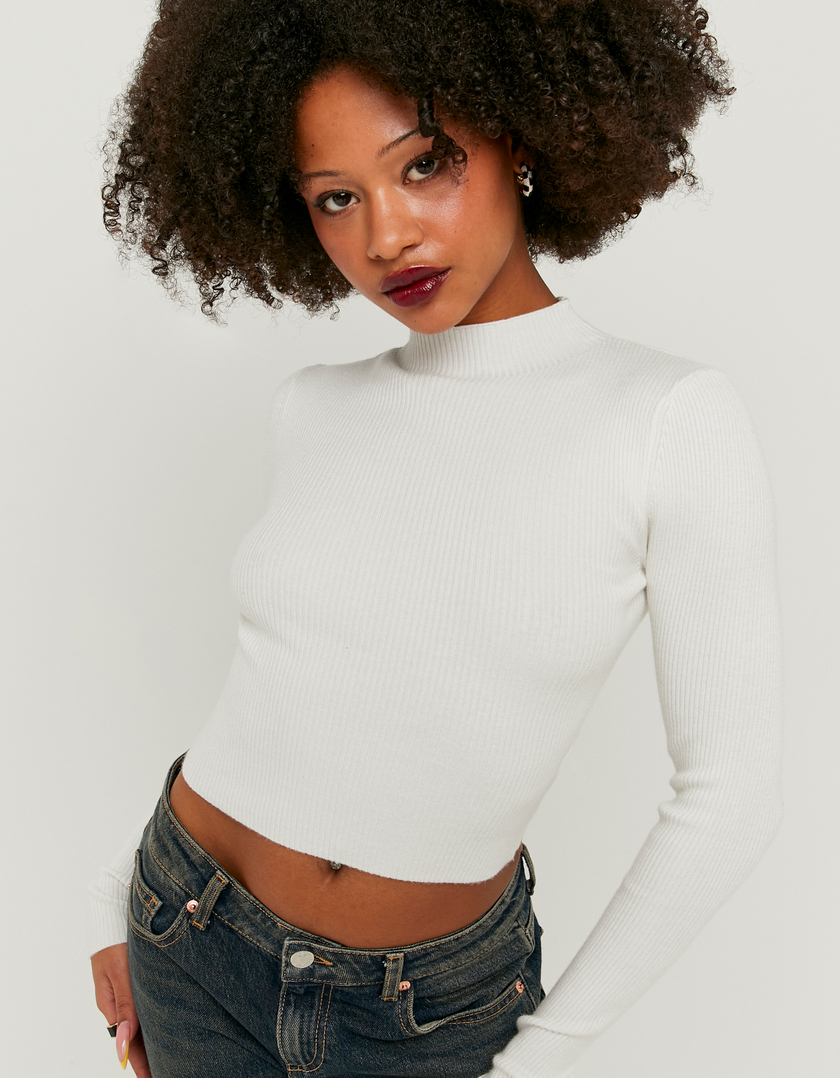 Pull Ajusté Blanc Col Roulé