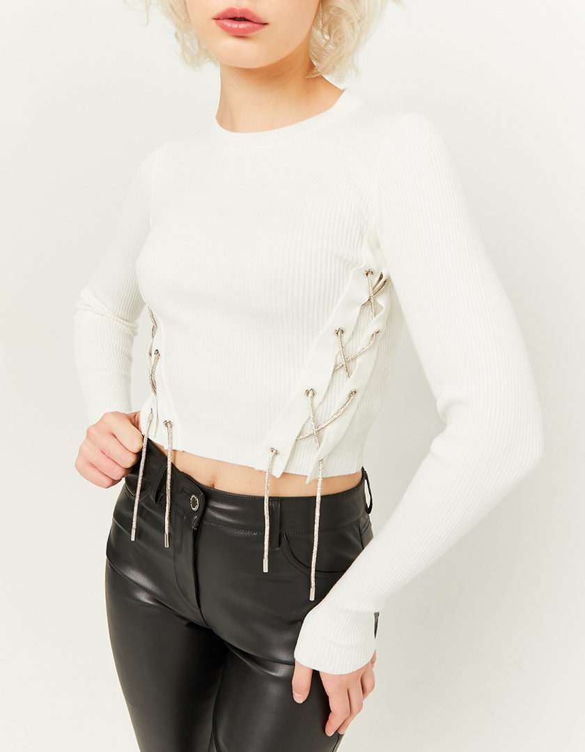 TALLY WEiJL, Light Knit Lace Up Jumper with Strass Cord for Women