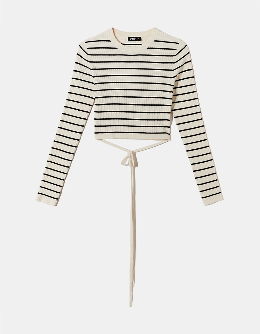 TALLY WEiJL, White Striped Cropped Jumper with Fancy Details for Women
