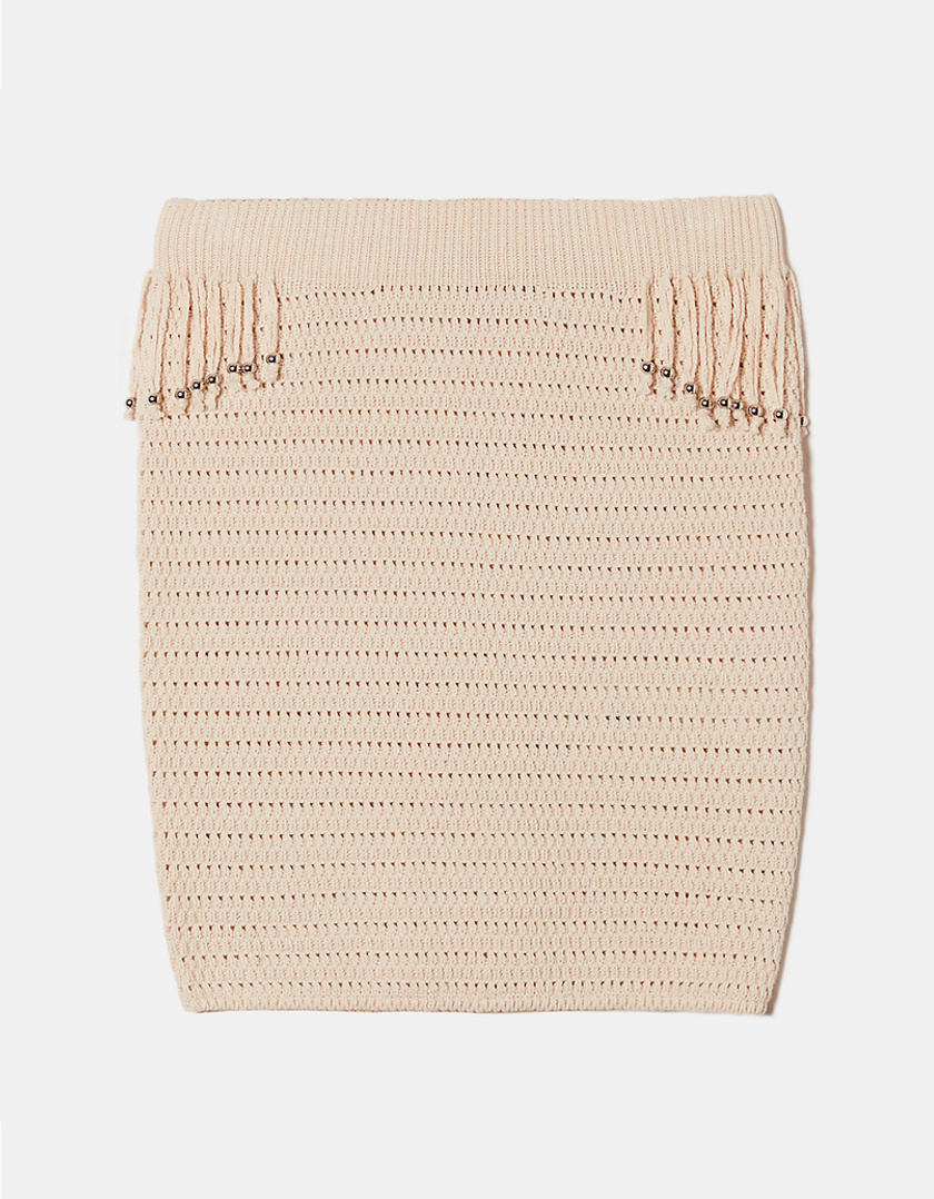 TALLY WEiJL, Beige Crochet Mini Skirt with Beads Application and Fringes for Women