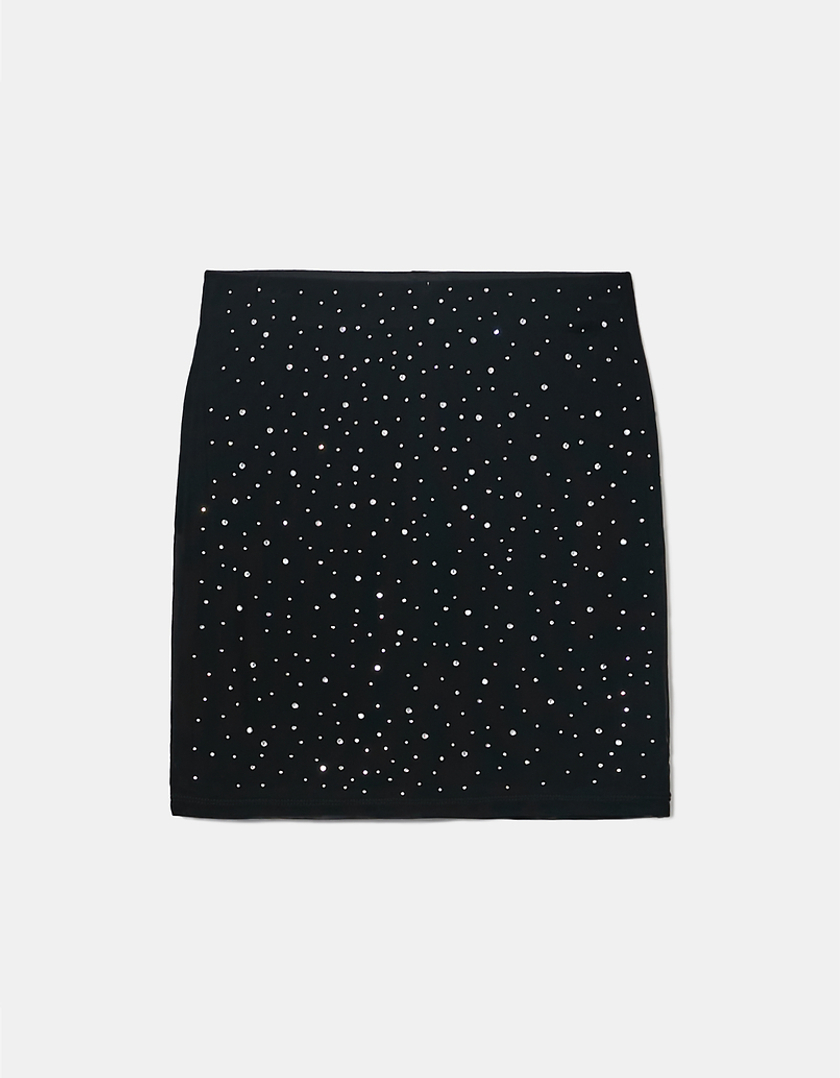TALLY WEiJL, Black Mesh Rhinestones Mini Skirt for Women