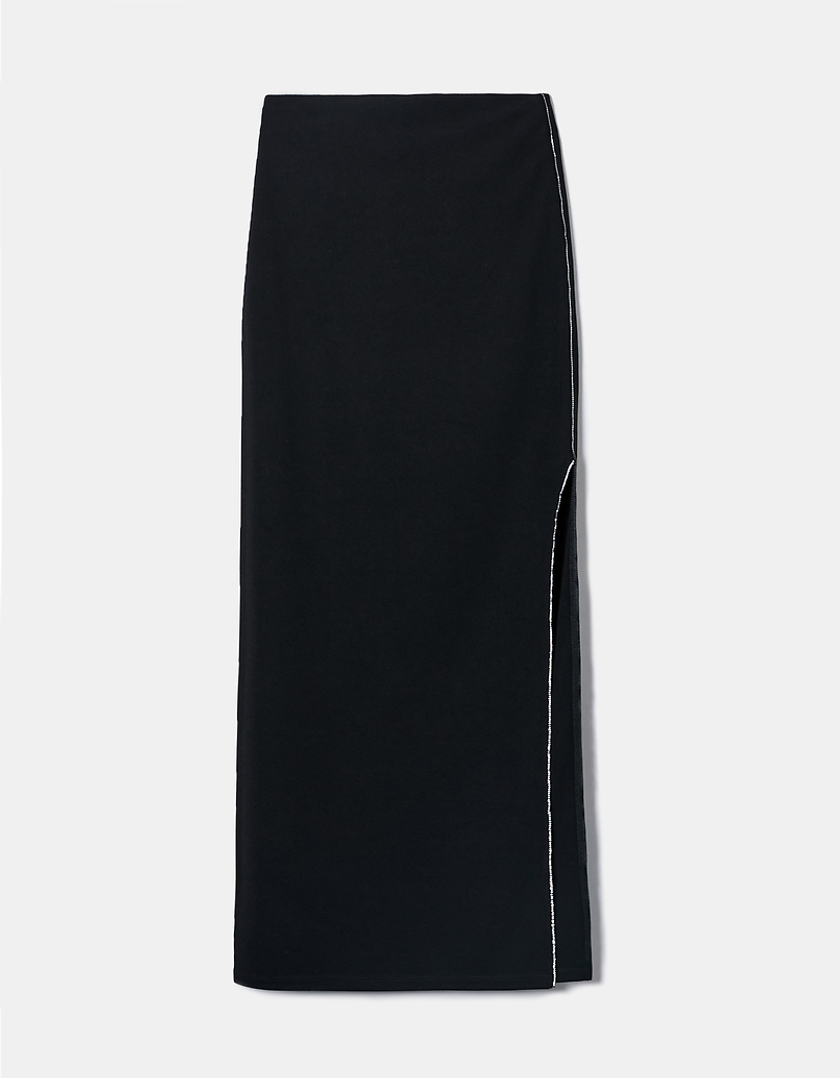 TALLY WEiJL, Black Midi Skirt with Slit and Strass for Women