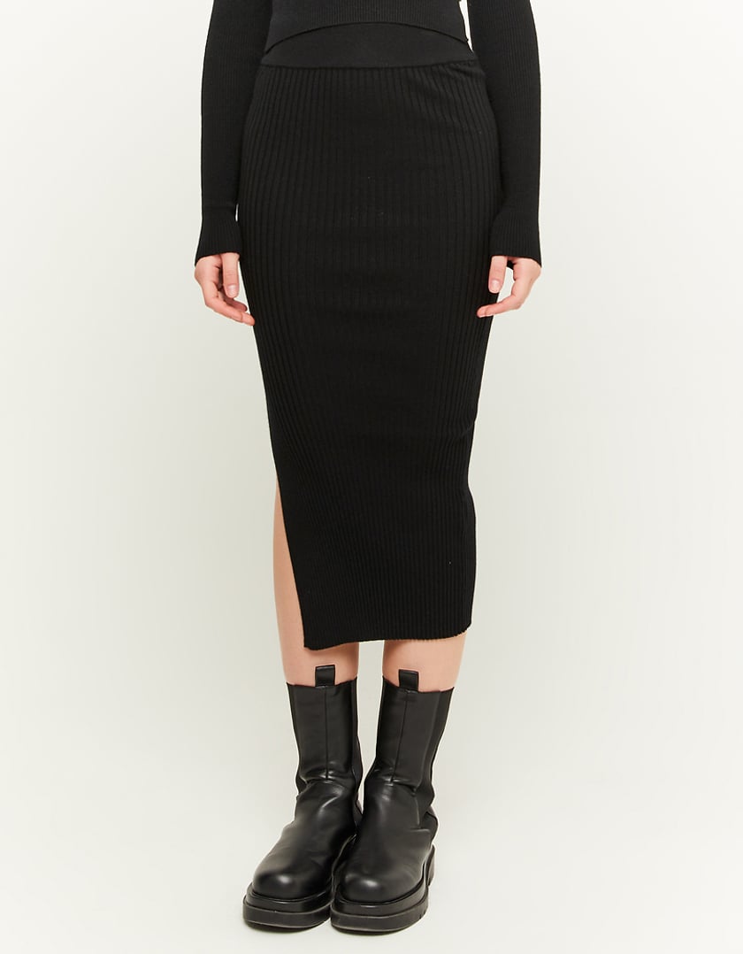TALLY WEiJL, Black Ribbed Midi Skirt with Slit for Women