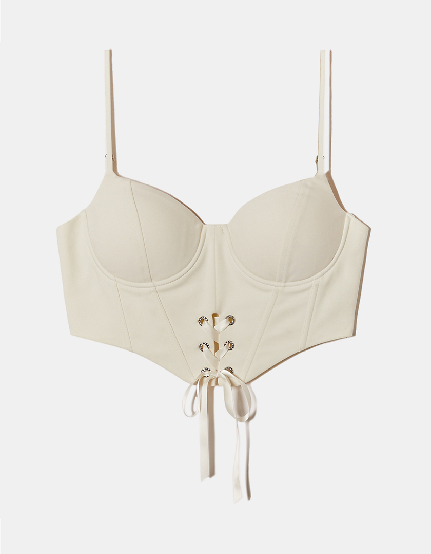 TALLY WEiJL, White Bustier Top with Lace Up in Satin for Women