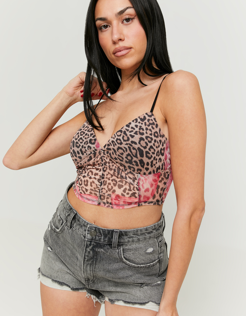 Mesh-Crop-Top mit Animal-Print