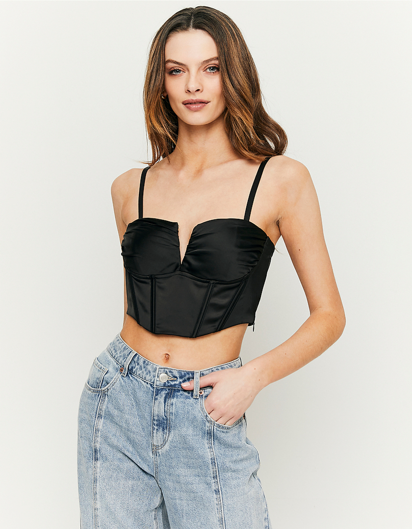 TALLY WEiJL, Black Satin Cropped Corset Top for Women