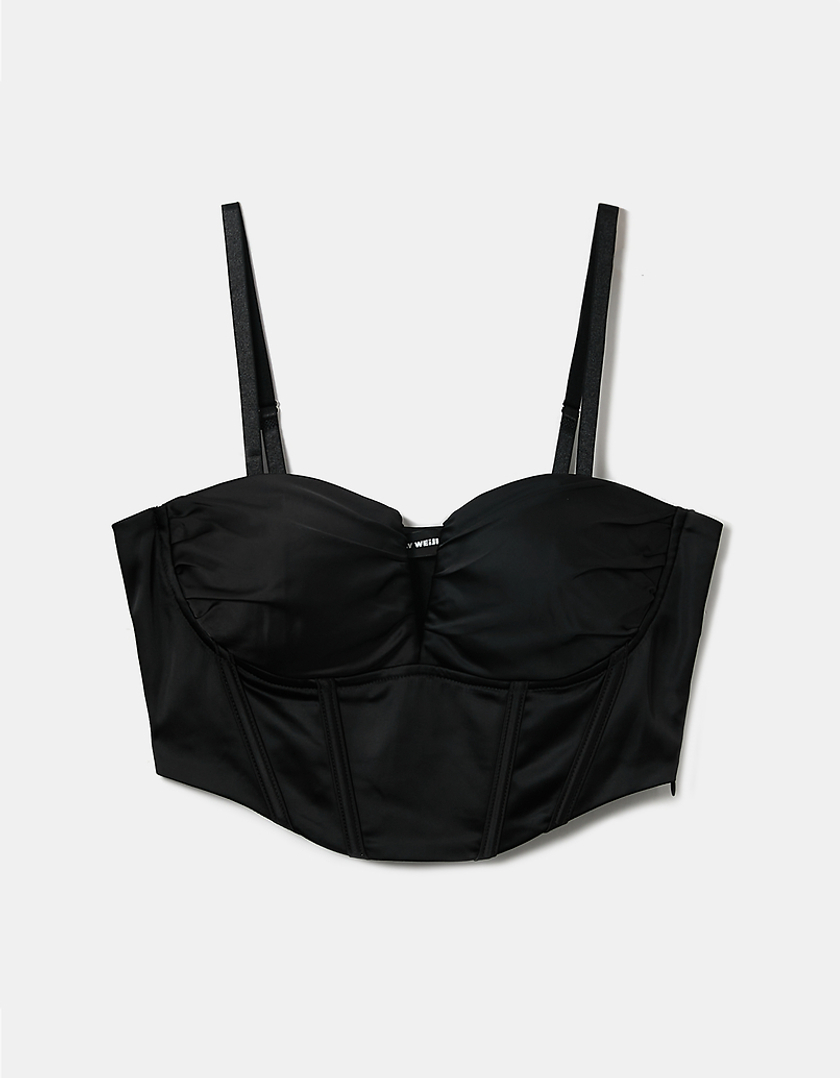 TALLY WEiJL, Black Satin Cropped Corset Top for Women