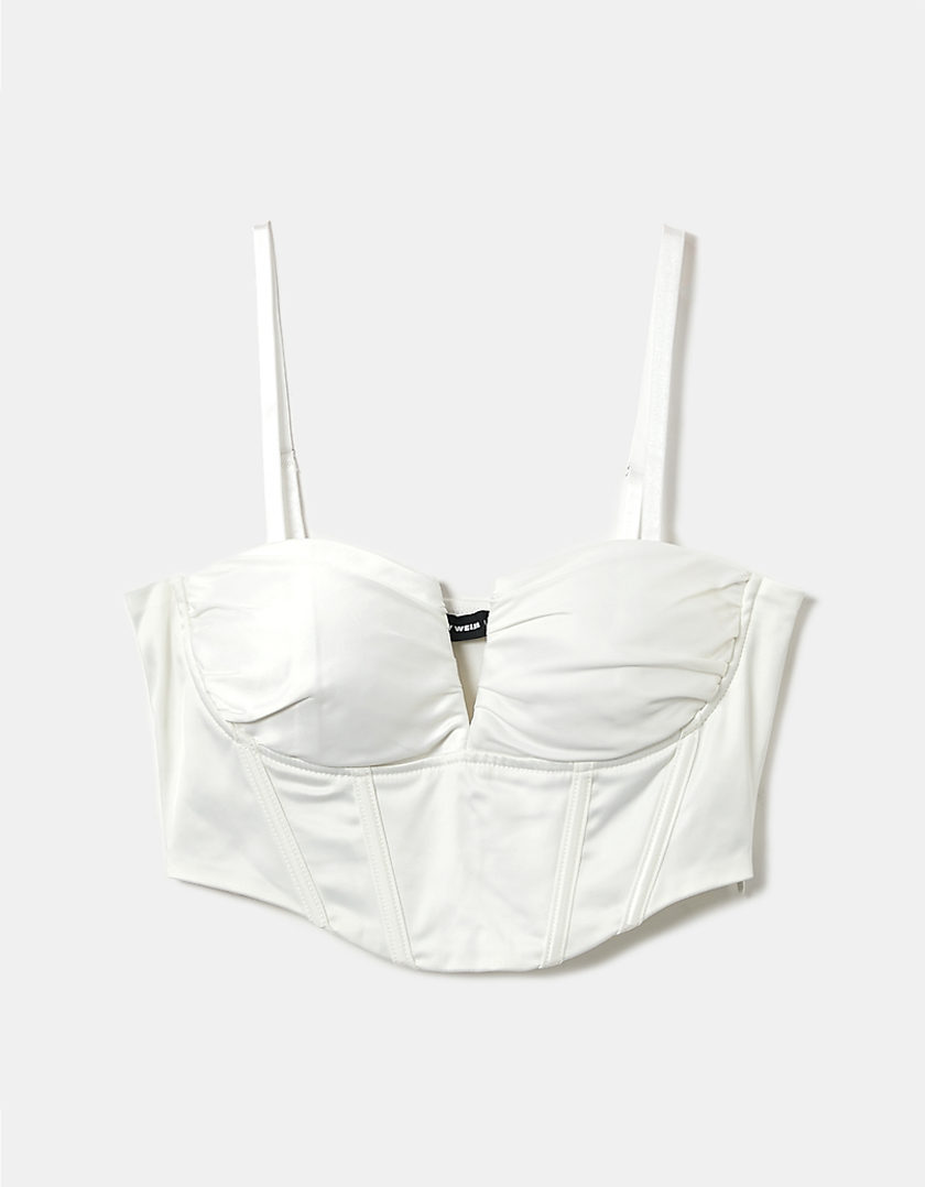 TALLY WEiJL, White Satin Cropped Corset Top for Women