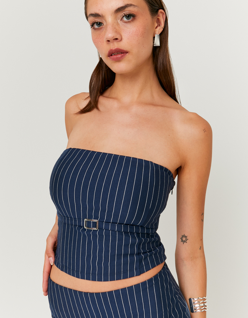 Top blu a fascia con righe sottili e fibbia
