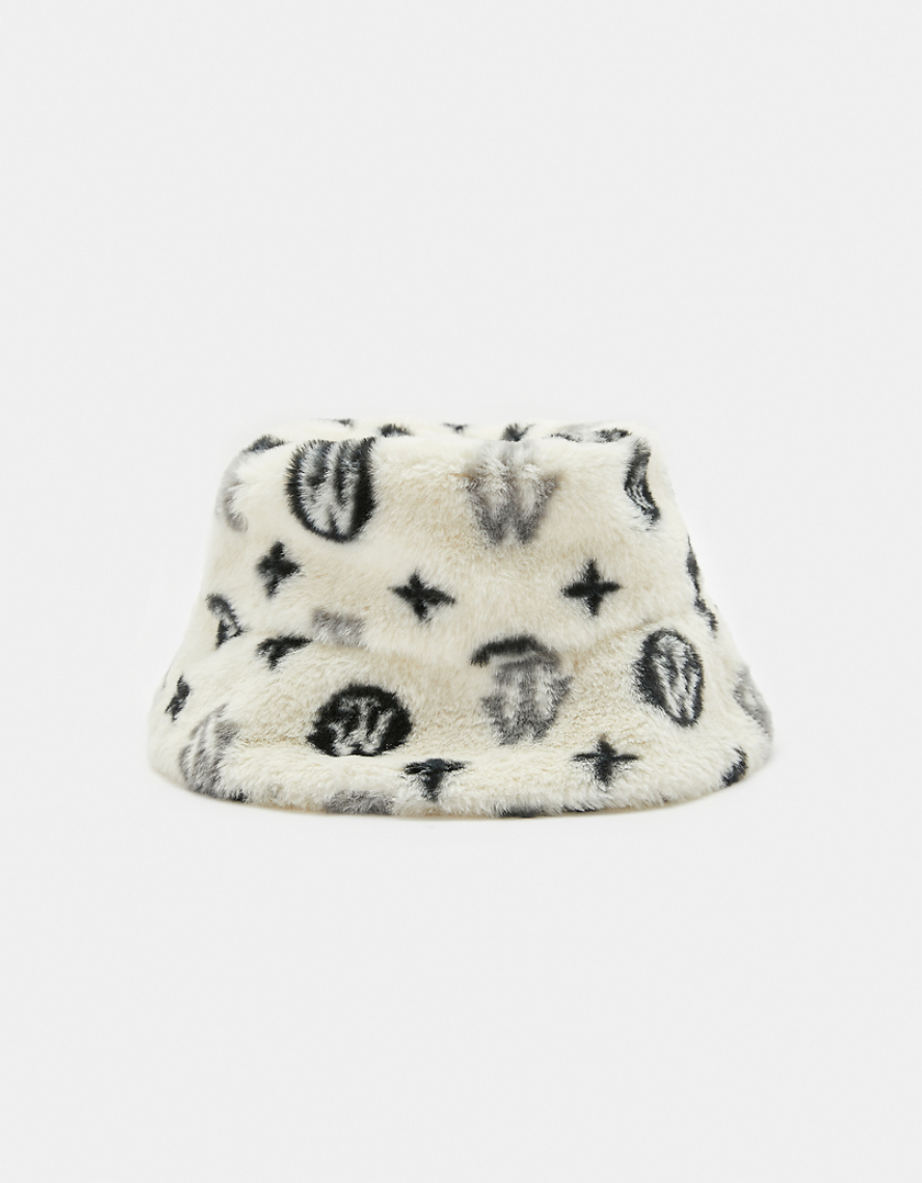 TALLY WEiJL, White Faux Fur Printed Bucket Hat for Women