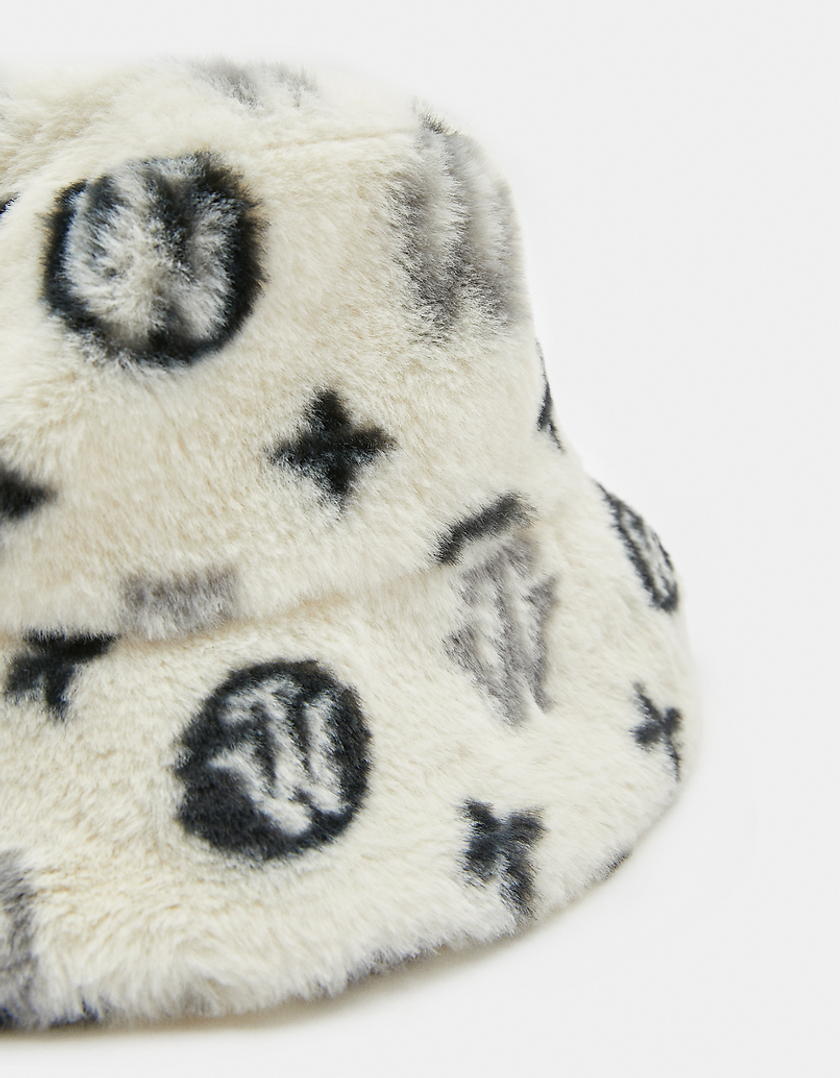 TALLY WEiJL, White Faux Fur Printed Bucket Hat for Women