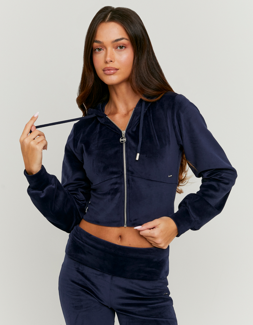 Blue Cropped Velvet  Zip Up Hoodie