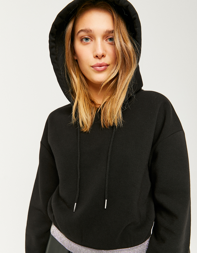 TALLY WEiJL, Black Cropped Hoodie With Rhinestones for Women