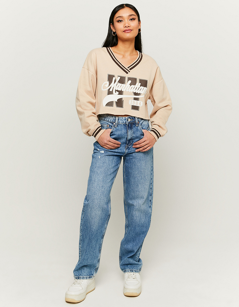 TALLY WEiJL, Beige Printed V-Neck Sweatshirt for Women