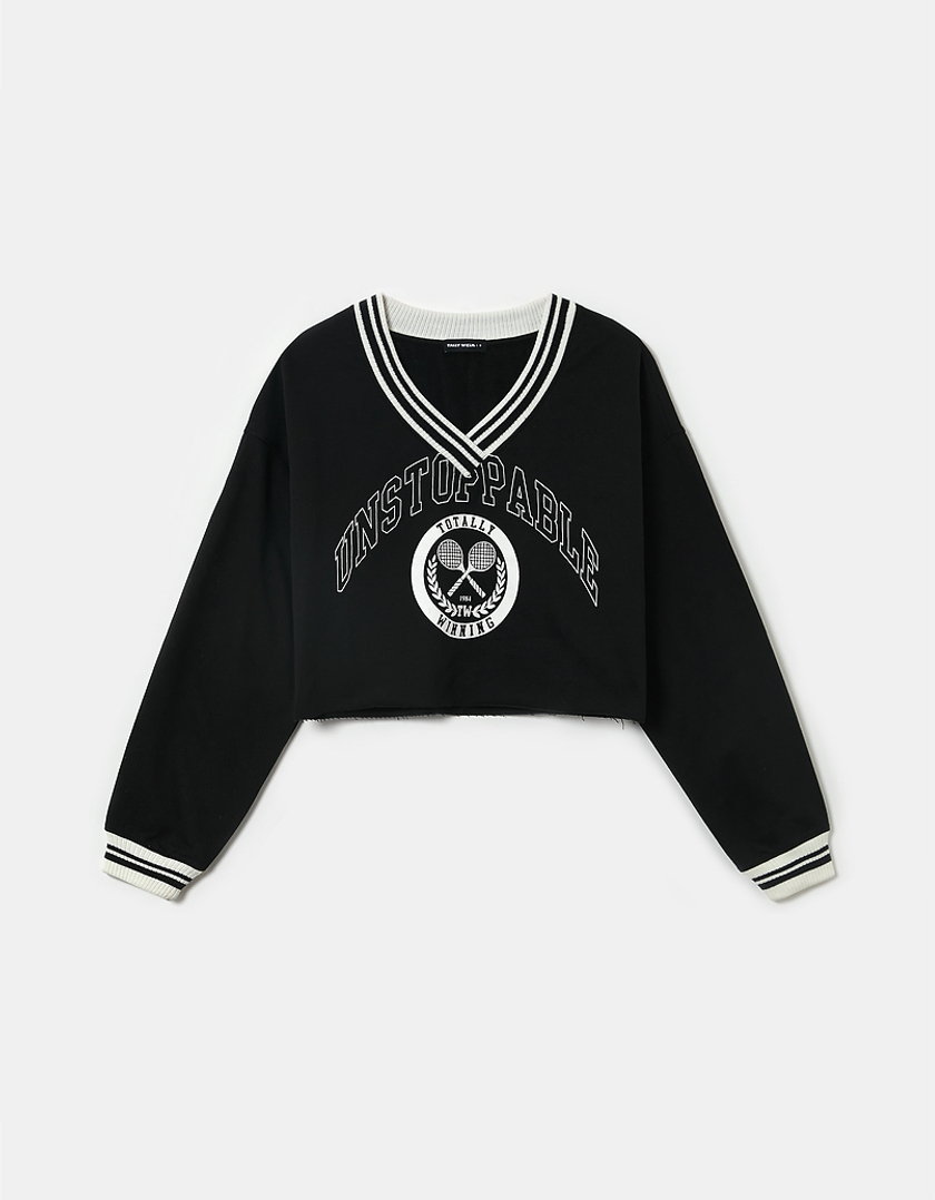 TALLY WEiJL, Black Printed V-Neck Sweatshirt for Women