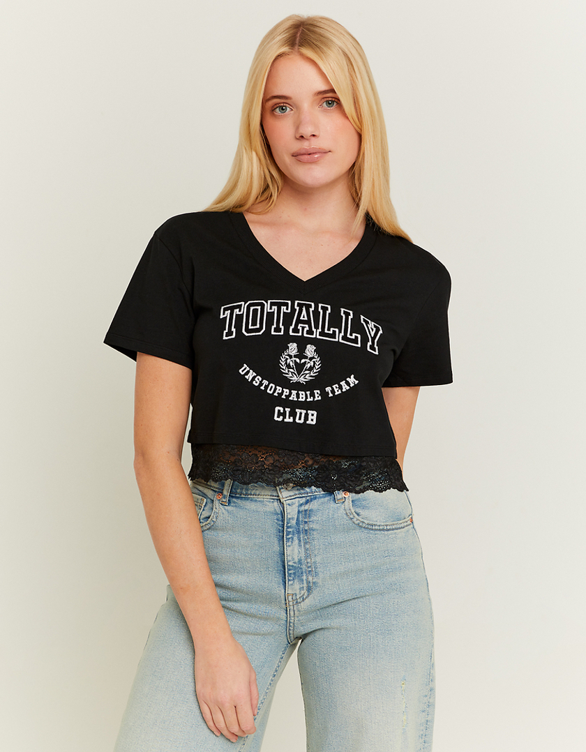 TALLY WEiJL, Black Varsity Printed T-shirt with Lace Detail for Women