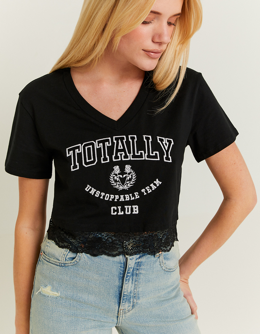 TALLY WEiJL, Black Varsity Printed T-shirt with Lace Detail for Women