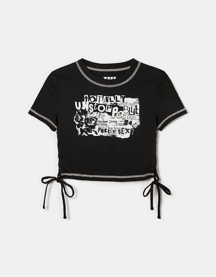 TALLY WEiJL, Czarny t-shirt z marszczeniami po bokach i nadrukiem for Women